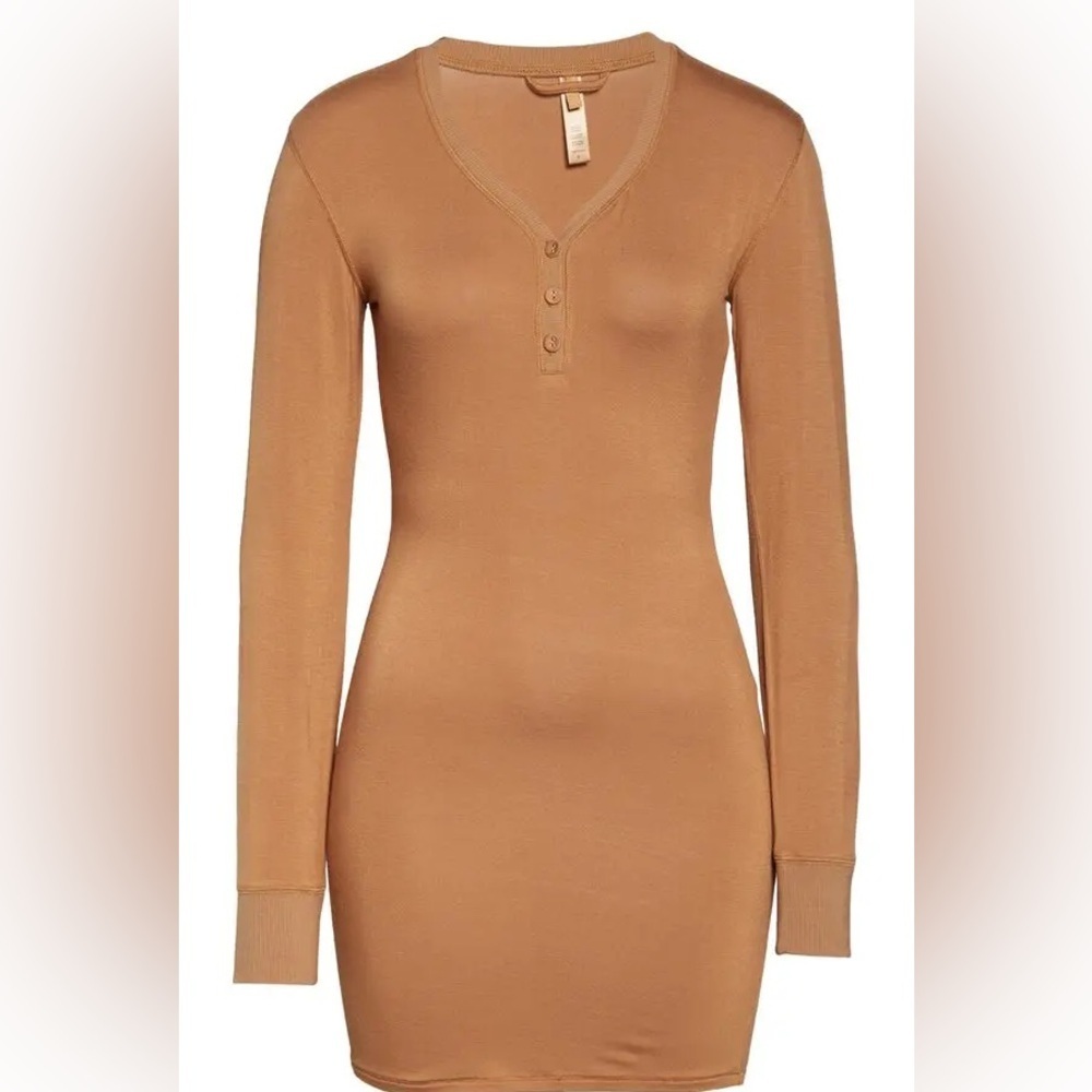 SKIMS Tan Long Sleeve Henley Dress
